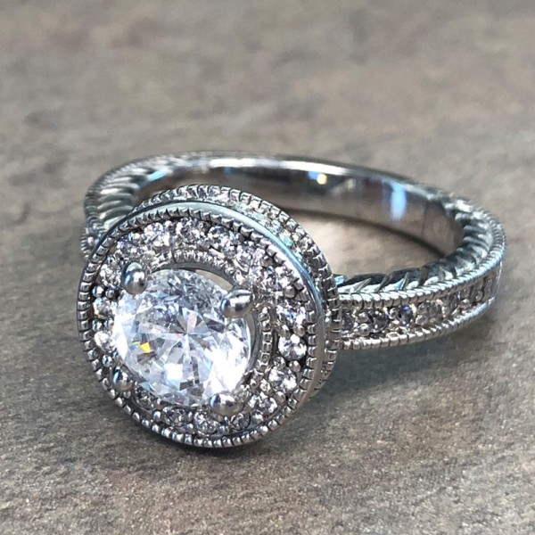 14K White Gold Vintage Round Halo Engagement Ring